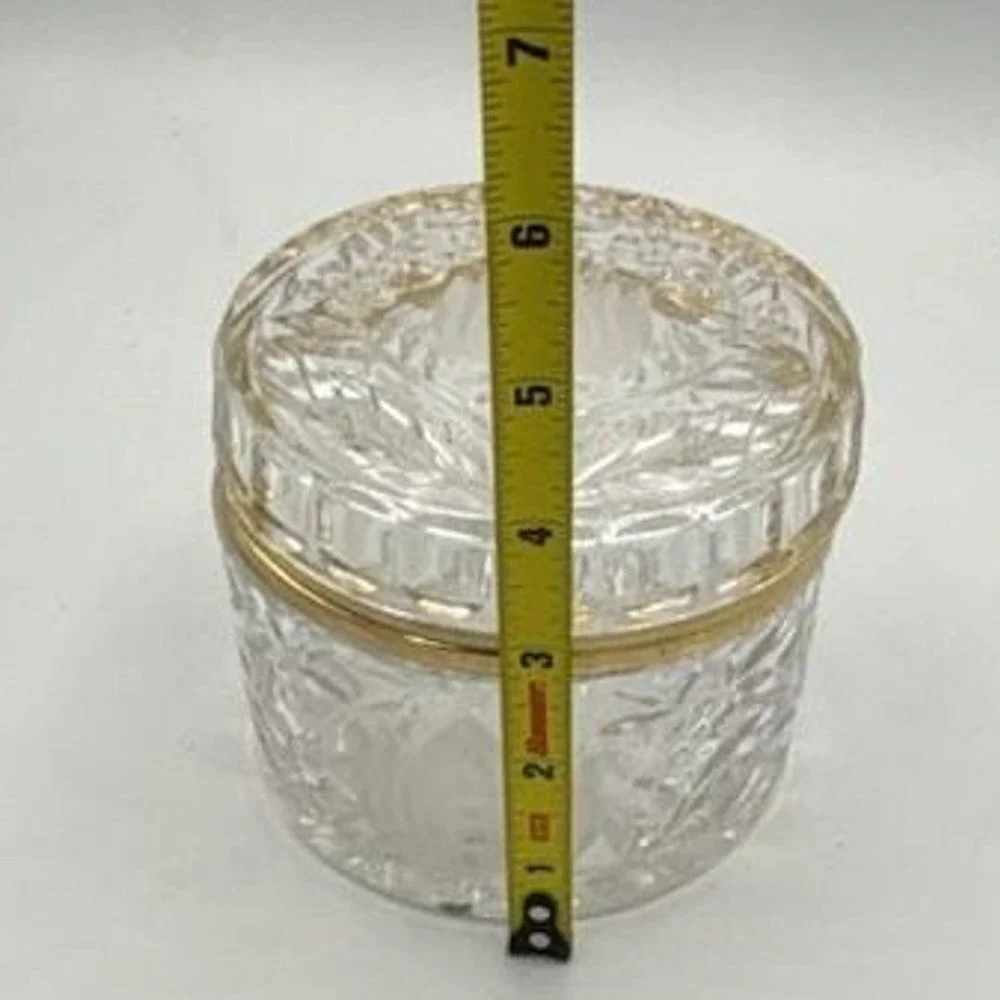 Vintage French Cut Crystal Hinged Jewelry Box Brass Trim /Floral Etched Design